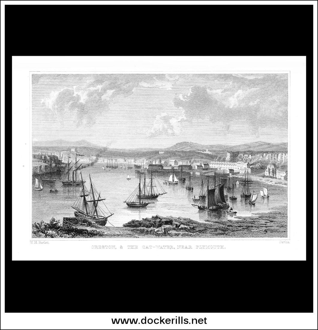 Oreston & The Cat-Water, Near Plymouth, Devonshire, England. Antique Print, Steel Engraving c. 1830.
