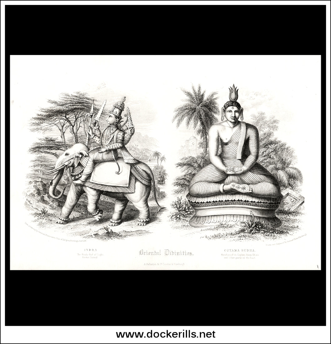 Oriental Divinities. Antique Print, Steel Engraving 1854.