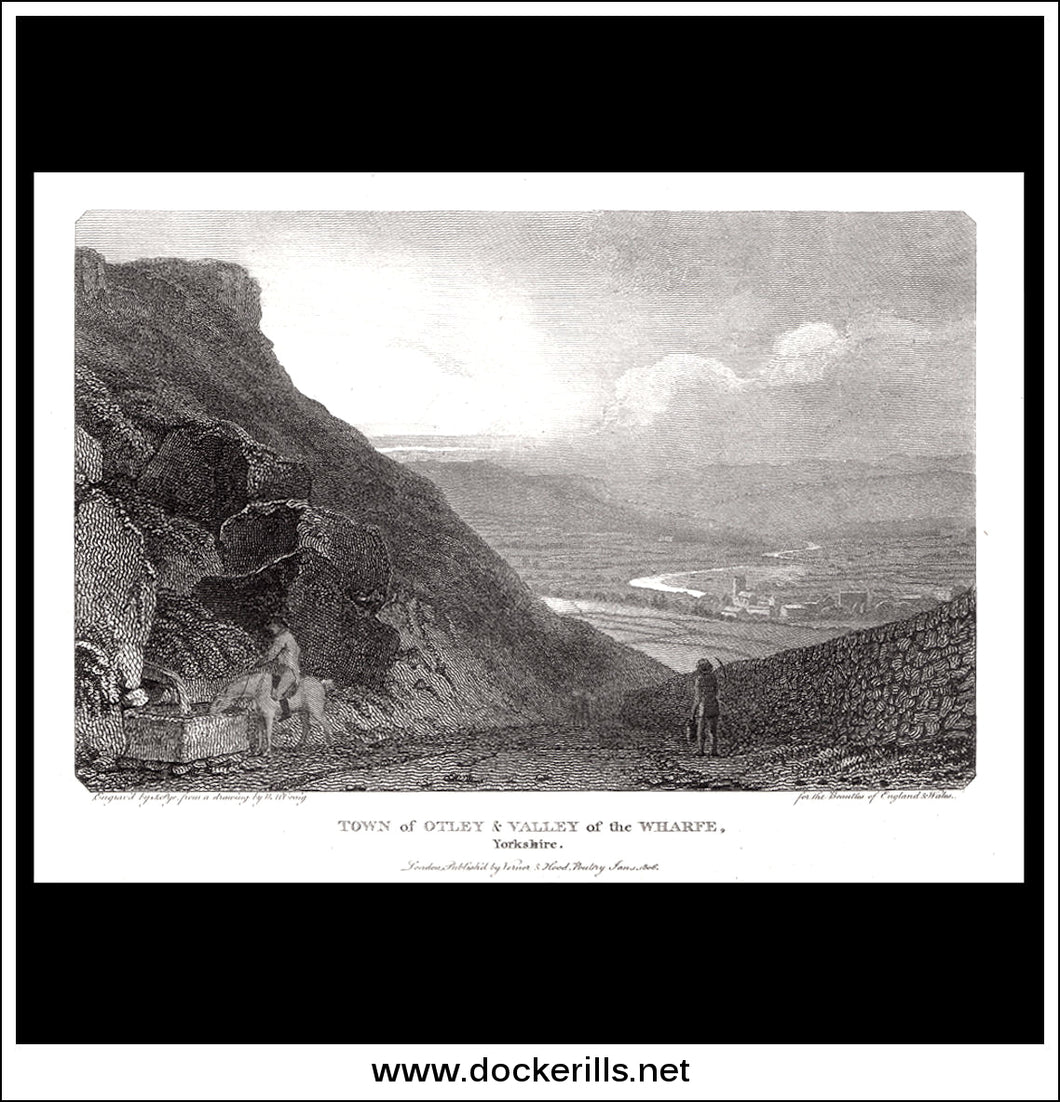 Town Of Otley & Valley Of The Wharfe, Yorkshire, England. Antique Print, Copper Plate Engraving 1806.
