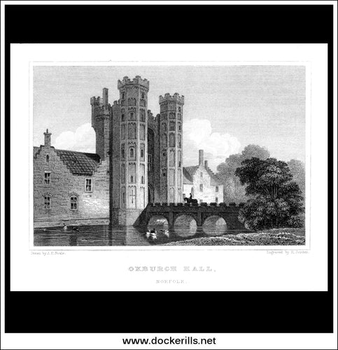 Oxburgh Hall, Norfolk, England. Antique Print, Steel Engraving c. 1830.