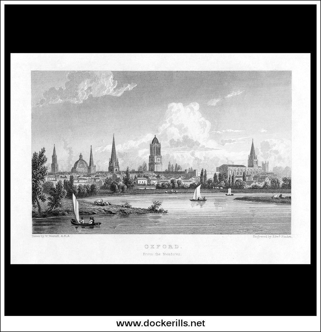 Oxford From The Meadows, Oxfordshire, England. Antique Print, Steel Engraving c. 1830.
