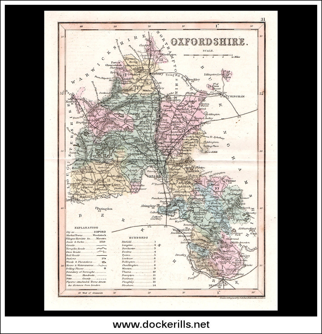 Map Of Oxfordshire, England. Antique Print, Steel Engraving c. 1846.