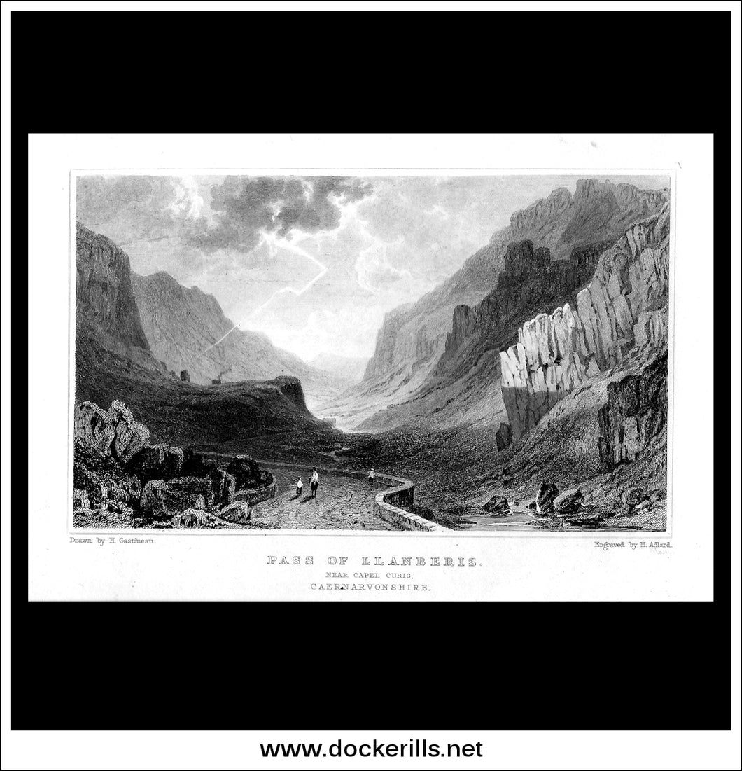 Pass Of Llanberis, Near Capel Curig, Caernarvonshire, Wales. Antique Print, Steel Engraving c. 1830.