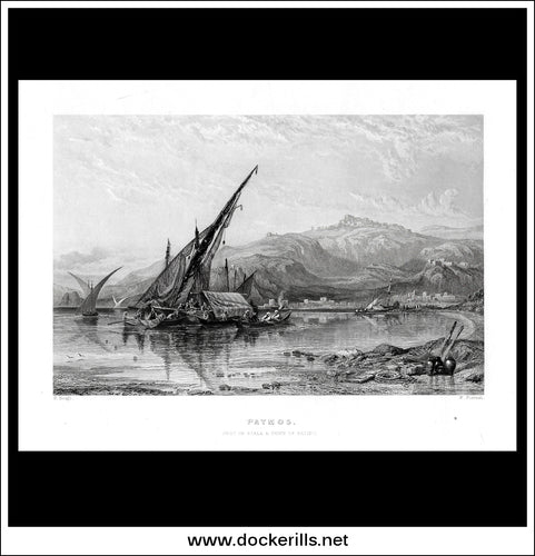 Patmos, Port Of Scala And Town Of Patino. Greece. Antique Print, Steel Engraving c. 1850.