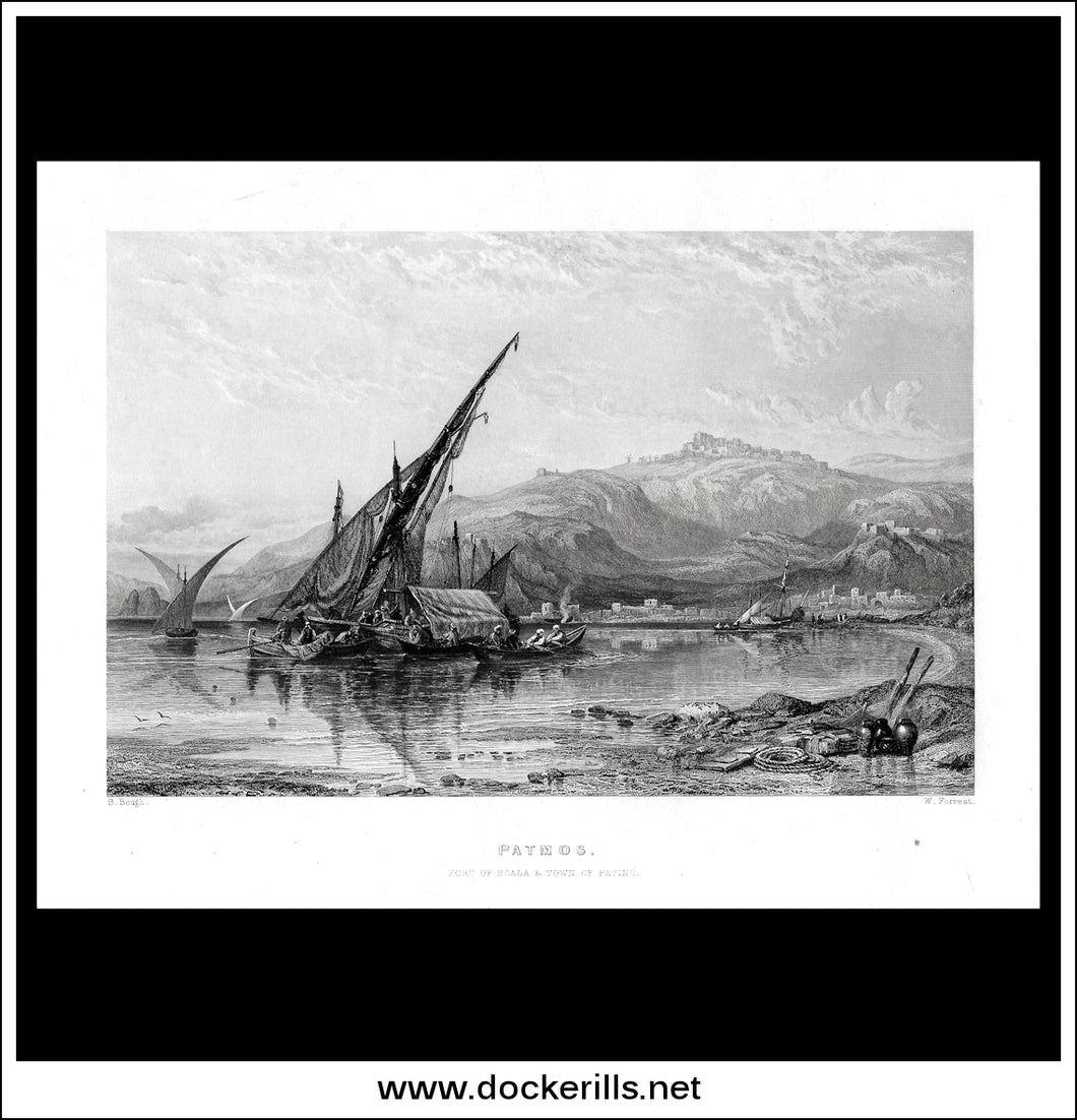 Patmos, Port Of Scala And Town Of Patino. Greece. Antique Print, Steel Engraving c. 1850.