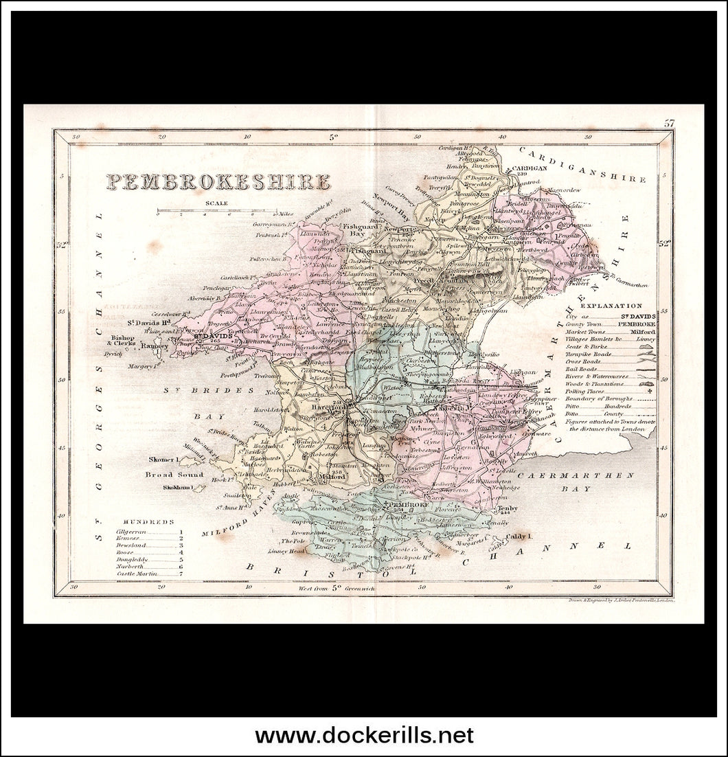 Map Of Pembrokeshire, Wales. Antique Print, Steel Engraving c. 1846.