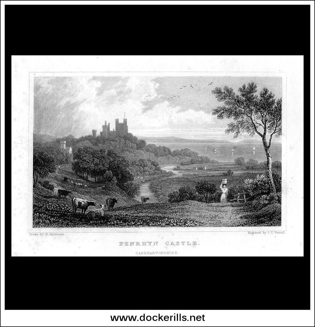 Penrhyn Castle, Caernarvonshire, Wales. Antique Print, Steel Engraving c. 1830.
