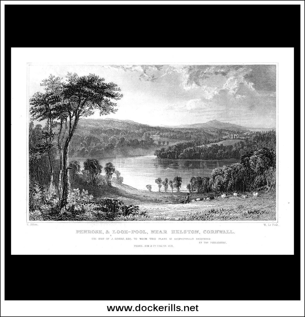 Antique Print, Penrose & Looe-Pool Near Helston, Cornwall, England. Steel Engraving c. 1830.