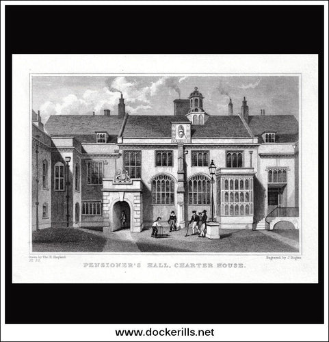 Pensioner's Hall, Charter House, London, Middlesex. Antique Print, Steel Engraving 1830.