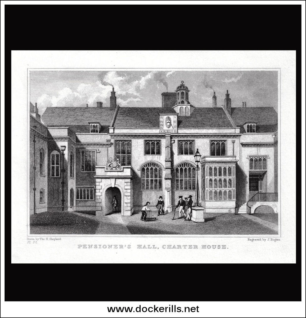 Pensioner's Hall, Charter House, London, Middlesex. Antique Print, Steel Engraving 1830.