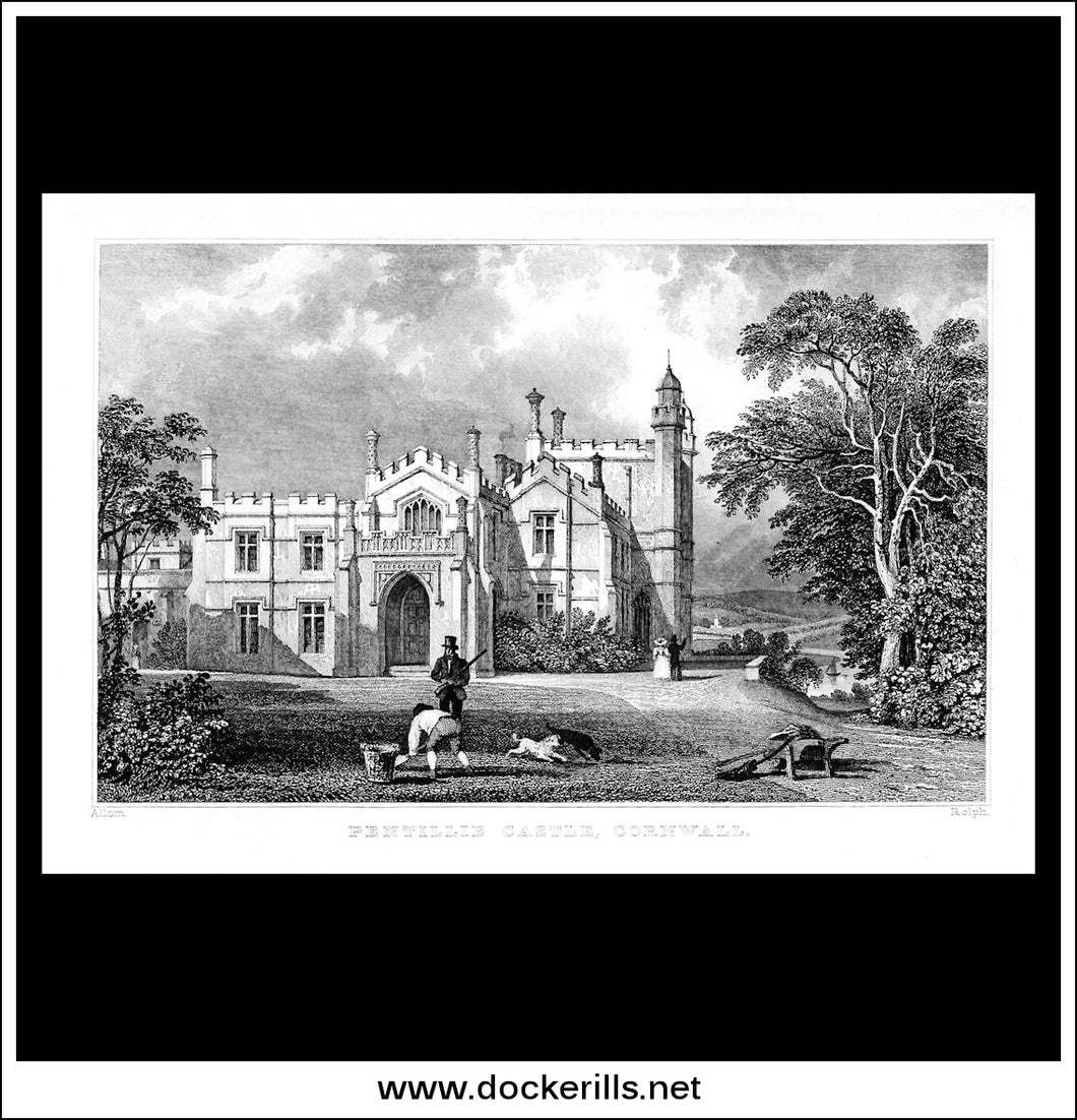 Pentillie Castle, Cornwall, England. Antique Print, Steel Engraving c. 1830.