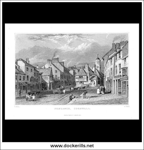 Penzance, Cornwall, England. Antique Print, Steel Engraving c. 1830.