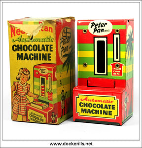 Neapolitan Automatic Chocolate Machine, Vintage Tin Plate Novelty Money Box, Peter Pan Regd, Great Britain 1.
