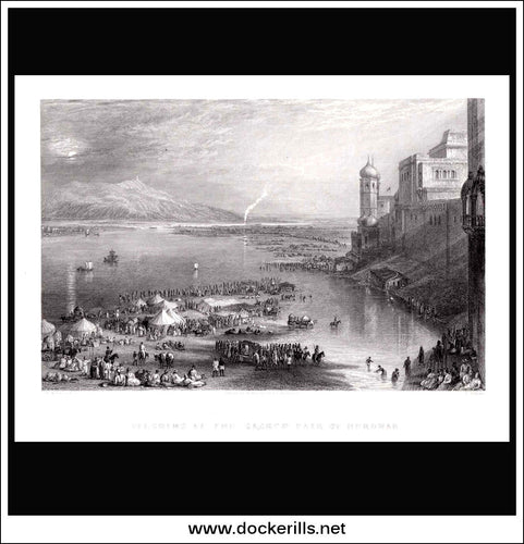 Pilgrims At The Sacred Fair Of Hurdwar, India. Antique Print, Steel Engraving 1845.