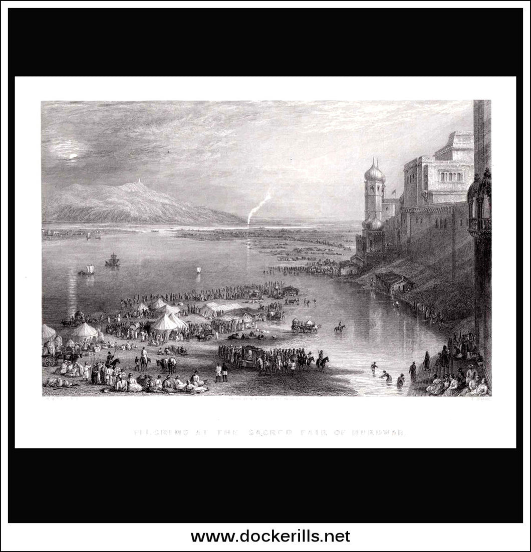 Pilgrims At The Sacred Fair Of Hurdwar, India. Antique Print, Steel Engraving 1845.