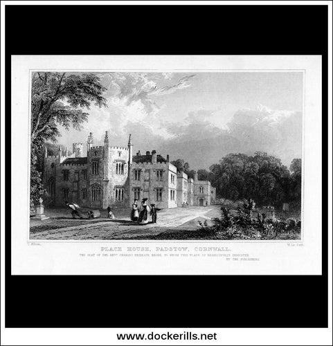Antique Print Place House, Padstow, Cornwall, England. Steel Engraving c. 1830.