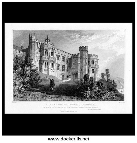 Antique Print Place-House, Fowey, Cornwall, England. Steel Engraving c. 1830.