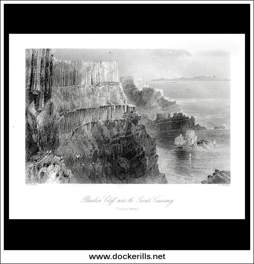 Pleaskin Cliff, Near The Giants Causeway, Co. Antrim, Ireland. Antique Print, Steel Engraving c. 1840.