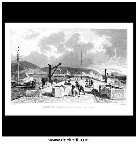 Plymouth Breakwater, From The West, Devonshire, England. Antique Print, Steel Engraving c. 1830.