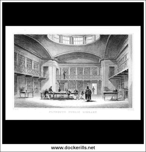 Plymouth Public Library, Plymouth, Devonshire, England. Antique Print, Steel Engraving c. 1830.