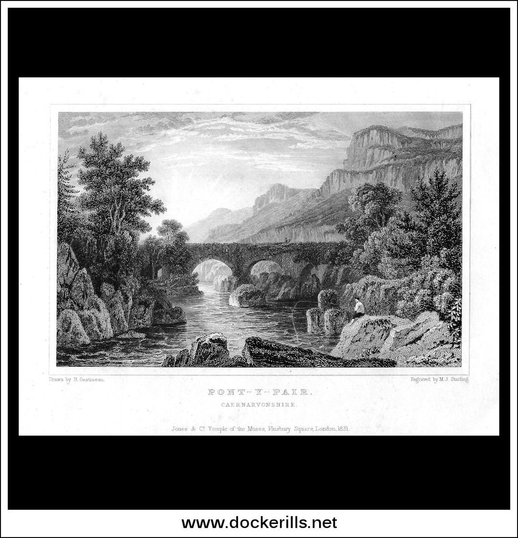 Pont-Y-Pair, Caernarvonshire, Wales. Antique Print, Steel Engraving c. 1830.
