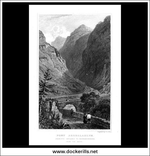 Pont Aberglaslyn, Principal Entrance To Caernarvonshire, Caernarvonshire, Wales. Antique Print, Steel Engraving c. 1830.