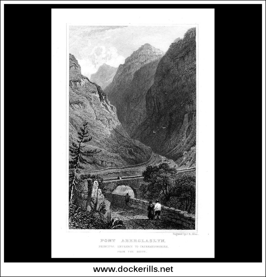 Pont Aberglaslyn, Principal Entrance To Caernarvonshire, Caernarvonshire, Wales. Antique Print, Steel Engraving c. 1830.