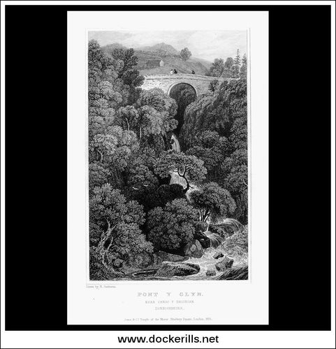 Antique Prnt Pont Y Glyn, Near Cerig Y Druidian, Denbighshire, Wales. Steel Engraving c. 1830.