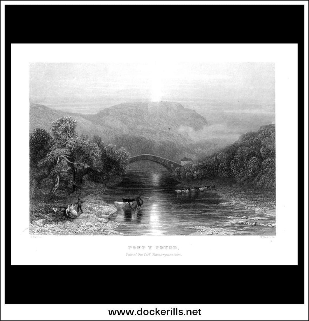 Pont Y Prydd, Vale Of The Taff, Glamorganshire, Wales. Antique Print, Steel Engraving c. 1830.