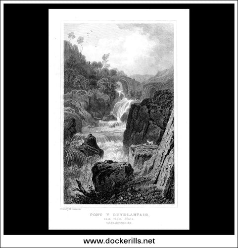 Pont Rhydlanfair, Near Capel Curig, Caernarvonshire, Wales. Antique Print, Steel Engraving c. 1830.