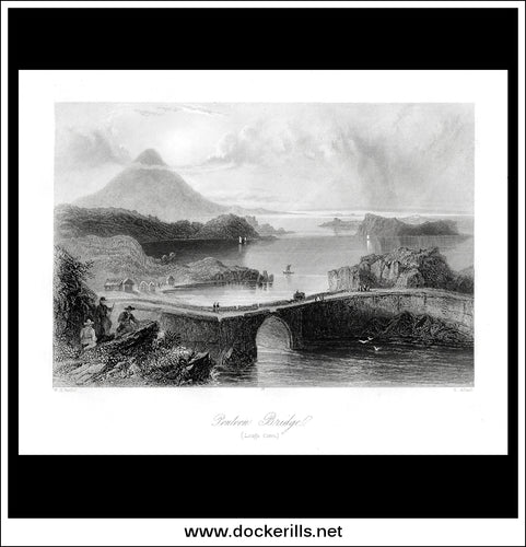 Pontoon Bridge (Lough/Lake Conn), Co. Mayo, Ireland. Antique Print, Steel Engraving c. 1840.