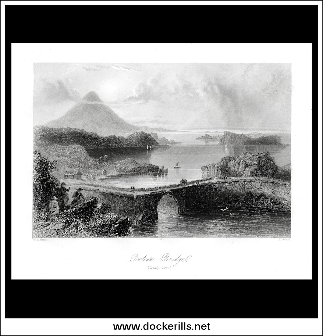 Pontoon Bridge (Lough/Lake Conn), Co. Mayo, Ireland. Antique Print, Steel Engraving c. 1840.