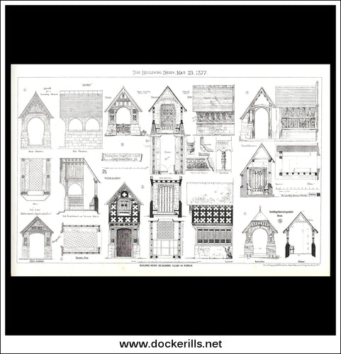 Porch Designs - The Building News. Antique Print, Lithograph 1877.