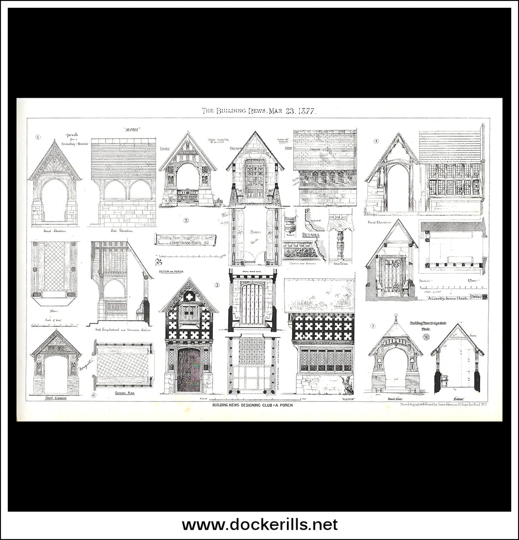 Porch Designs - The Building News. Antique Print, Lithograph 1877.