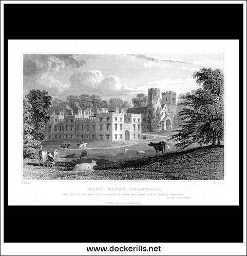 Port Eliot, Cornwall, England. Antique Print, Steel Engraving c. 1830.