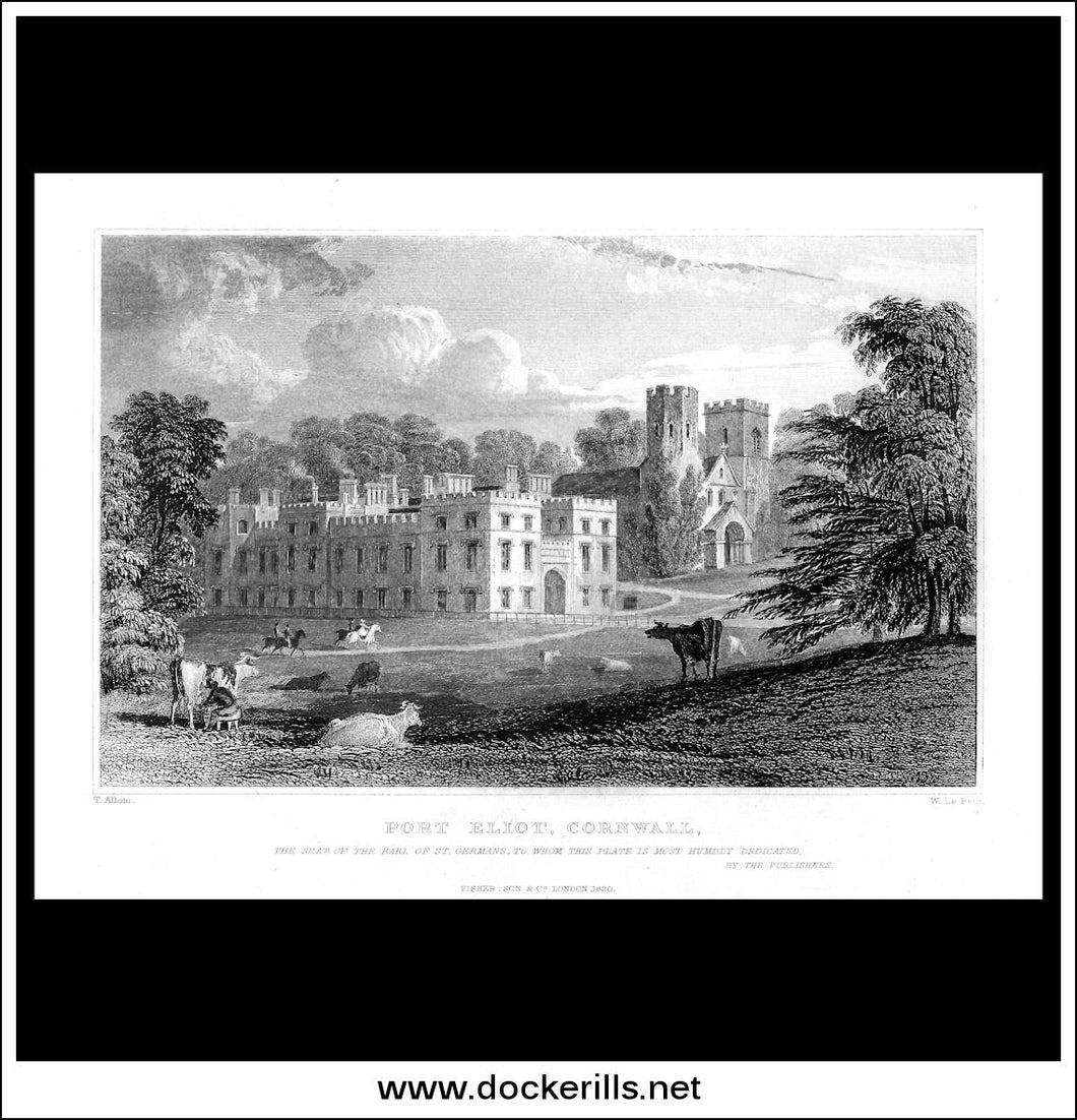 Port Eliot, Cornwall, England. Antique Print, Steel Engraving c. 1830.