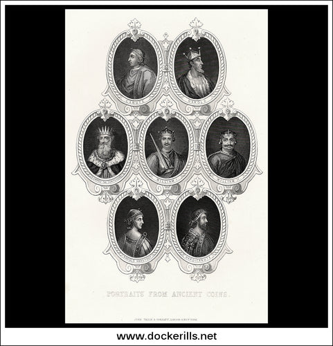 Portraits From Ancient Coins (English Kings) Canute, Harold, Edward The Confessor etc. Antique Print, Steel Engraving c. 1853.