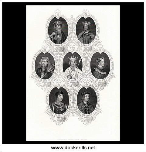 Portraits From Ancient Coins (English Kings) Edward II, Edward III, Henry IV etc. Antique Print, Steel Engraving c. 1853.