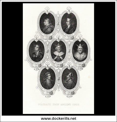 Portraits From Ancient Coins (English Kings) Egbert, Ethelwolf, Ethelbald etc. Antique Print, Steel Engraving c. 1853.