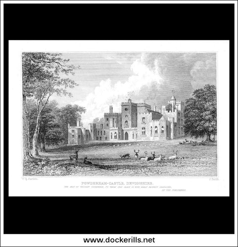Powderham Castle,  Devonshire, England. Antique Print, Steel Engraving c. 1830.