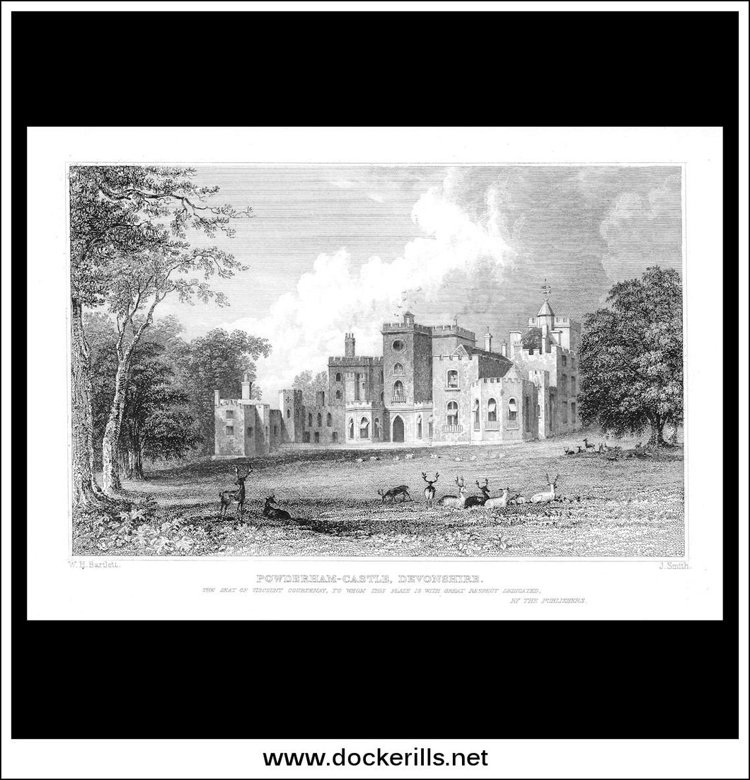 Powderham Castle,  Devonshire, England. Antique Print, Steel Engraving c. 1830.