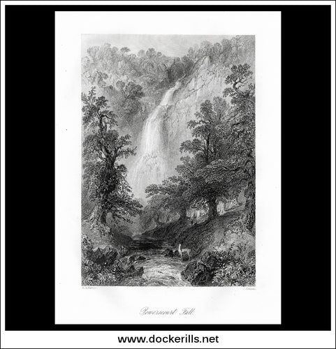 Powerscout Falls, Co. Wicklow, Ireland. Antique Print, Steel Engraving c. 1840.