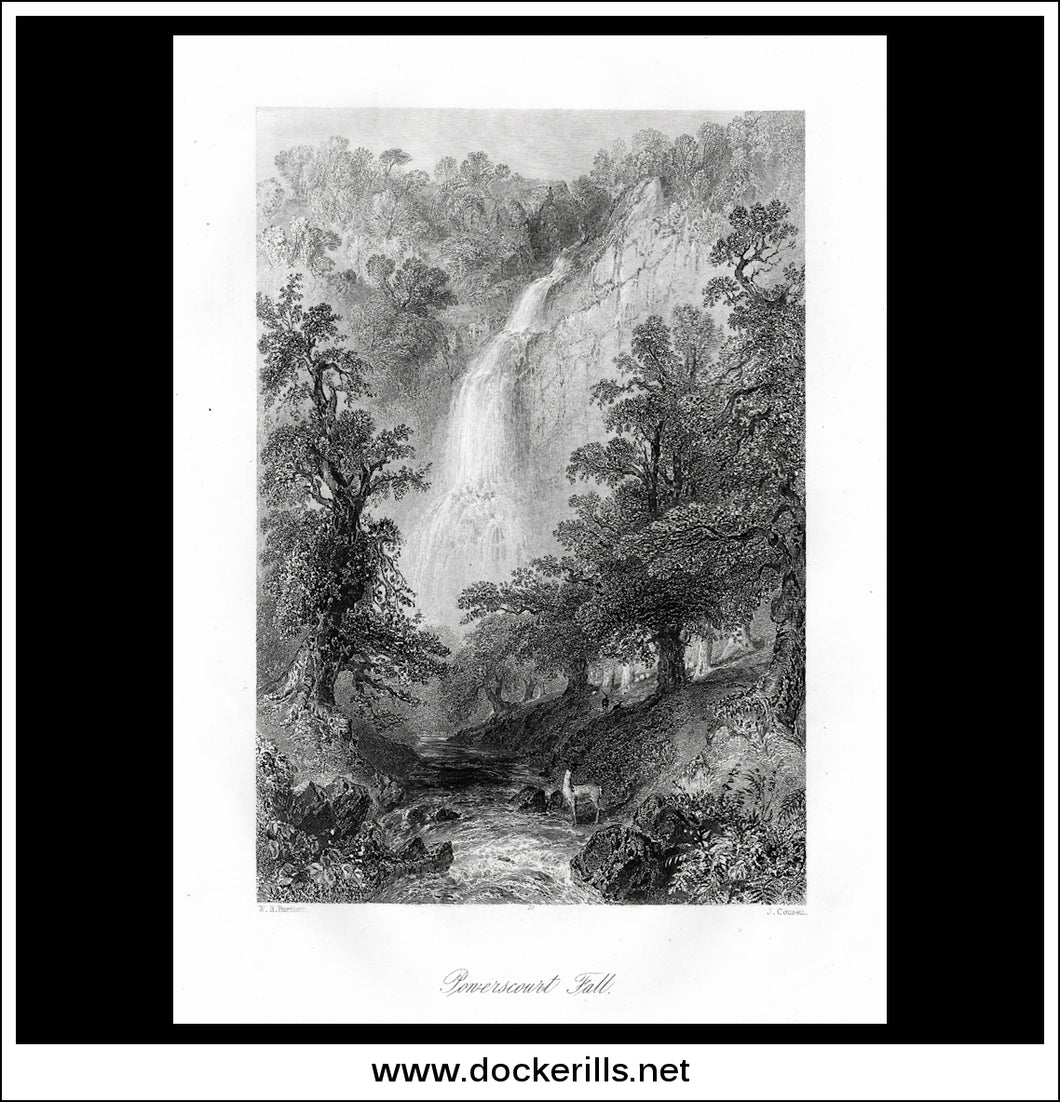 Powerscout Falls, Co. Wicklow, Ireland. Antique Print, Steel Engraving c. 1840.