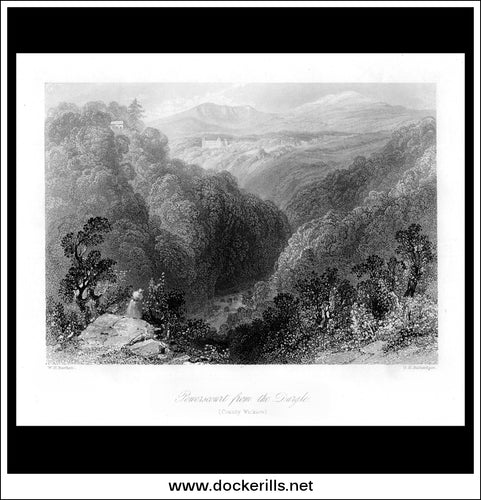Powerscout From The Dargle, Co. Wicklow, Ireland. Antique Print, Steel Engraving c. 1840.