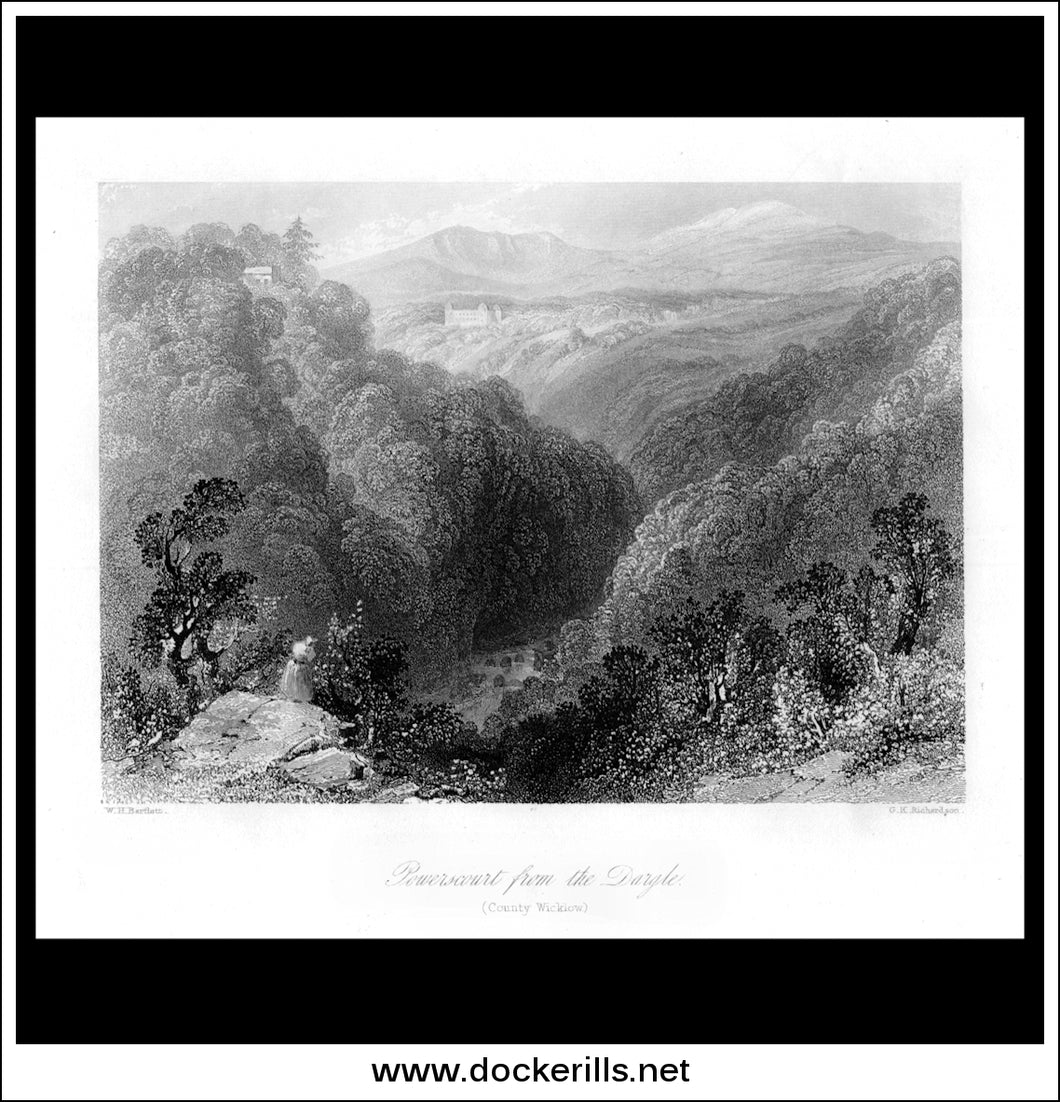 Powerscout From The Dargle, Co. Wicklow, Ireland. Antique Print, Steel Engraving c. 1840.