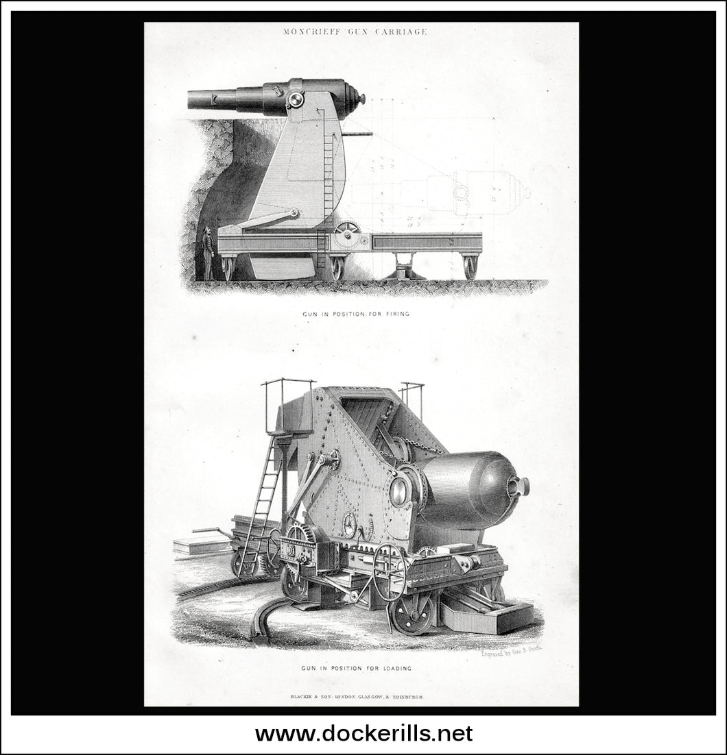 Moncrieff Gun Carriage. Antique Print, Lithograph 1875.