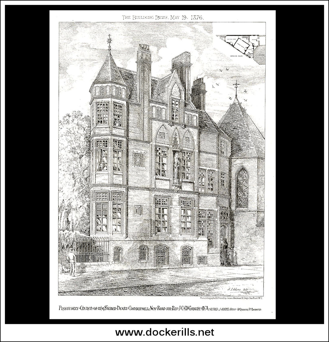 Presbytery, Children of the Sacred Heart, Camberwell New Road - The Building News. Antique Print, Lithograph 1876.
