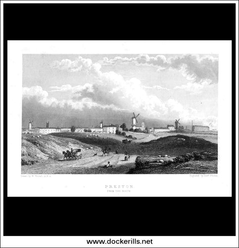 Preston From The North, Lancashire, England. Antique Print, Steel Engraving c. 1830.