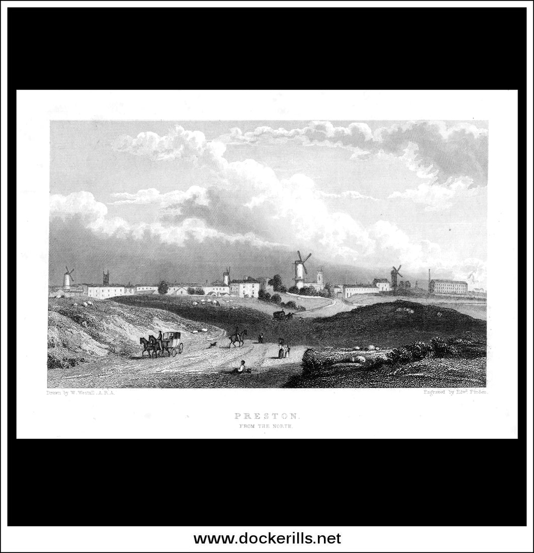 Preston From The North, Lancashire, England. Antique Print, Steel Engraving c. 1830.