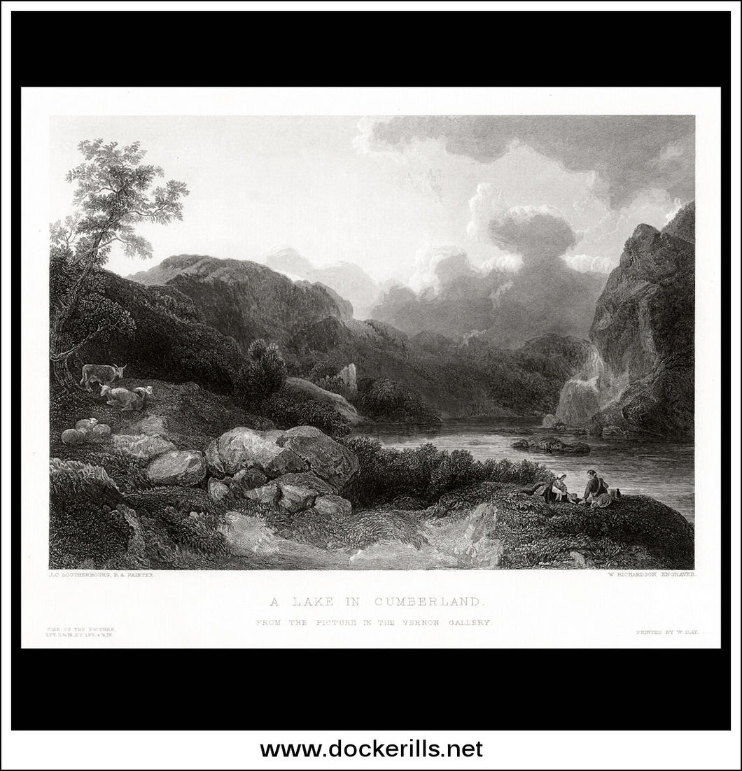 A Lake In Cumberland, J.C. Loutherbourg R.A., Antique Print, Steel Engraving c. 1875.